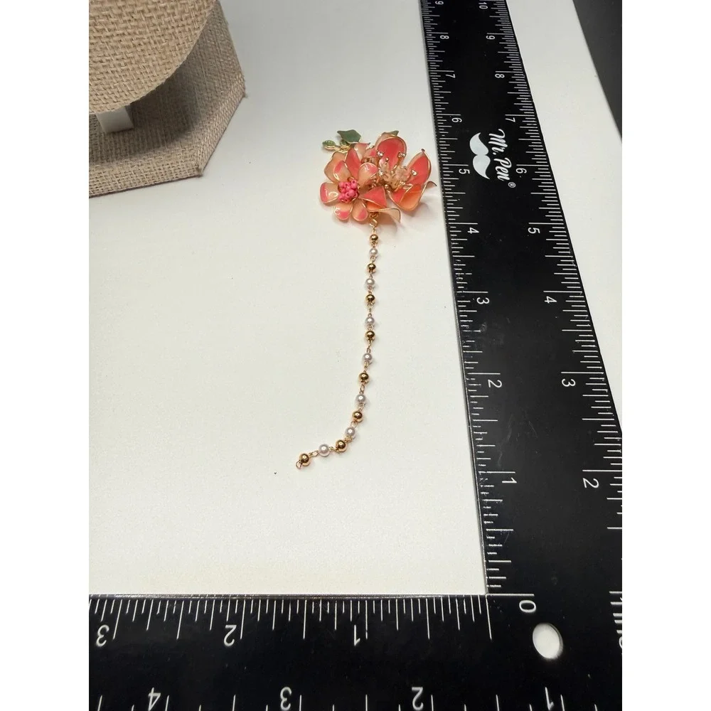 Pink Enamel Flower Hair Pin Brooch Gold Tone Pearl Dangle Floral Jewelry 5.5